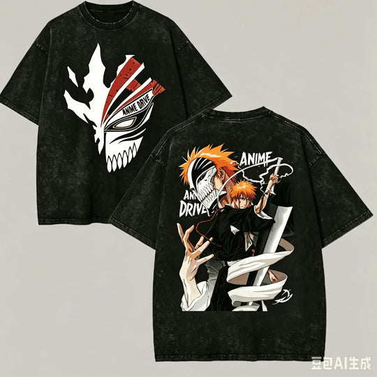 Bleach Anime Lover Vintage Washed Oversized T-Shirt featuring Ichigo and Hollow design on a vintage black background.