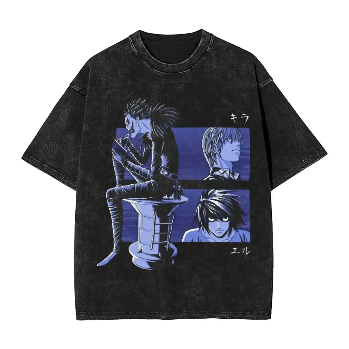L Lawliet T-Shirt Death Note vintage washed cotton graphic tee with oversized fit O-neck collar and drop-shoulder short sleeves front view