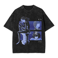 L Lawliet T-Shirt Death Note vintage washed cotton graphic tee with oversized fit O-neck collar and drop-shoulder short sleeves front view