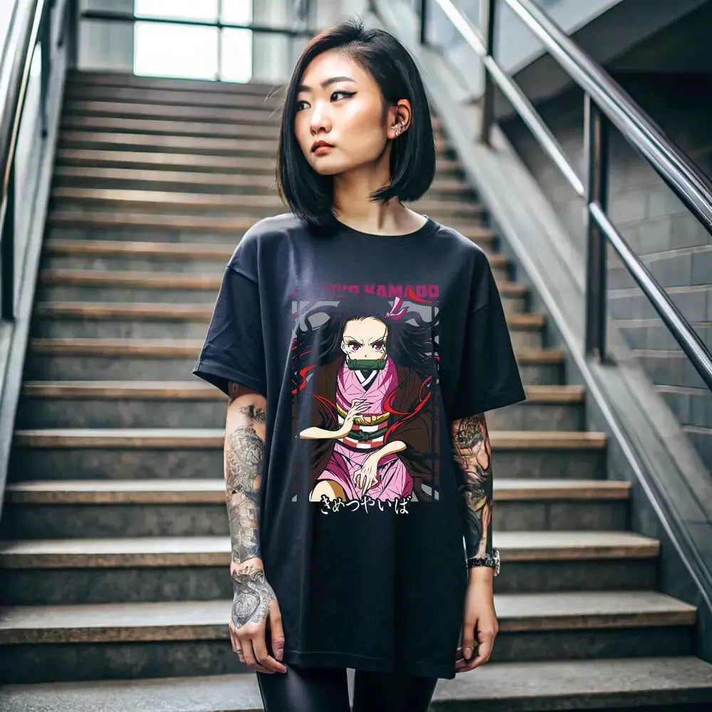 A stylish Nezuko T-Shirt featuring vibrant Demon Slayer anime art and Mitsuri Kanroji motifs, designed as a premium cotton tee for fans.