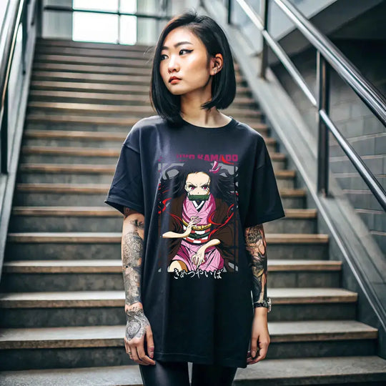 A stylish Nezuko T-Shirt featuring vibrant Demon Slayer anime art and Mitsuri Kanroji motifs, designed as a premium cotton tee for fans.