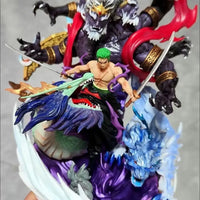 A detailed Roronoa Zoro Hell Form Figure made of PVC, showcasing the King of Hell three-sword style battle pose for anime collection.