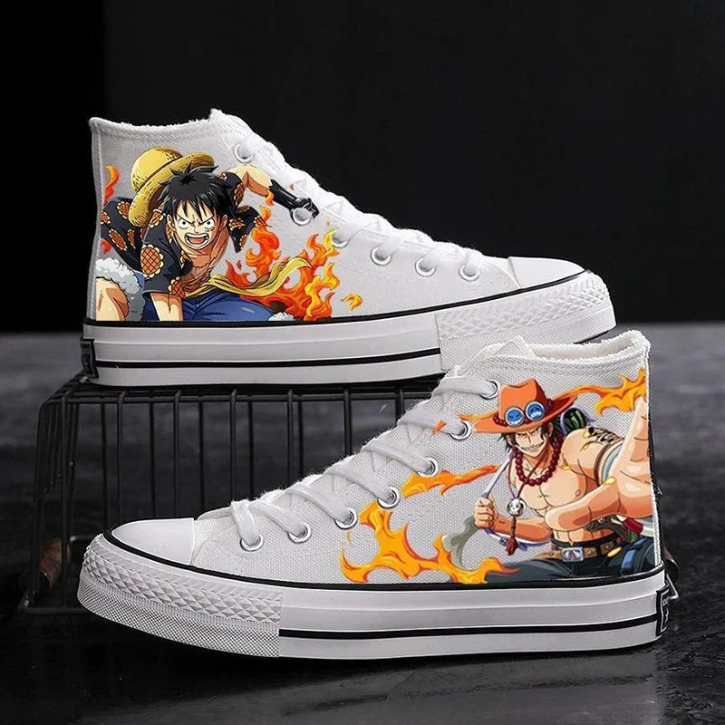 Trendy One Piece Canvas Shoes featuring colorful graffiti art of Luffy, Zoro, and Portgas D. Ace for casual men's and women's fashion.