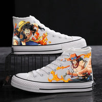 Trendy One Piece Canvas Shoes featuring colorful graffiti art of Luffy, Zoro, and Portgas D. Ace for casual men's and women's fashion.