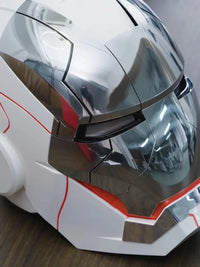 A wearable AutoKing Iron Man Helmet (Mk5) featuring voice-controlled opening face plates and glowing LED eyes for adult cosplay and display.
