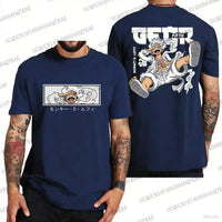 A trendy One Piece Luffy T-Shirt made of breathable cotton, featuring a graphic print of Monkey D. Luffy for summer cosplay fashion.