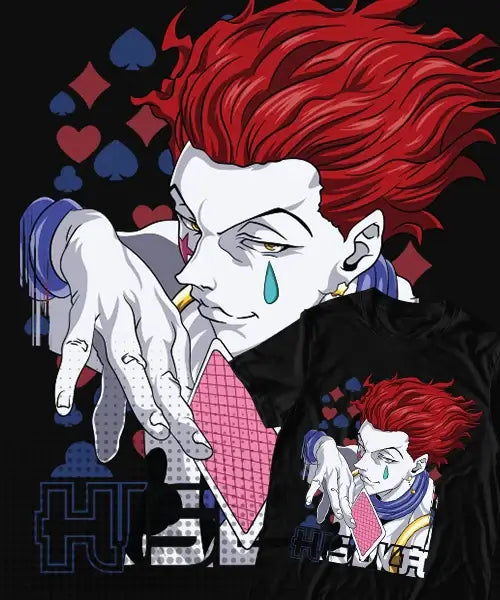 A trendy Hisoka Morow T-shirt featuring a dynamic graphic print of the Hunter x Hunter magician holding a playing card, designed for unisex anime streetwear.