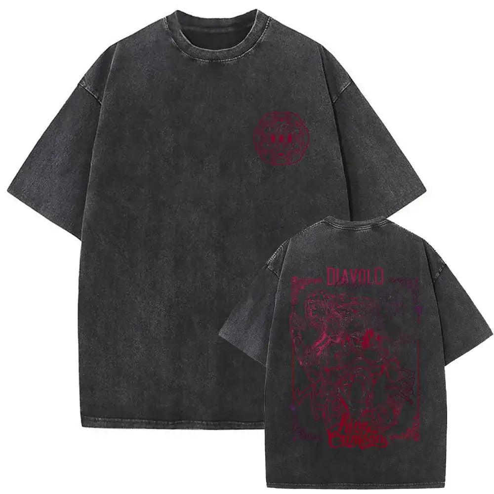 A washed Jojo Bizarre Adventure Vintage T-shirt featuring high-quality manga prints of Jotaro Kujo, Dio, and Giorno for men and women.