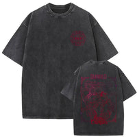A washed Jojo Bizarre Adventure Vintage T-shirt featuring high-quality manga prints of Jotaro Kujo, Dio, and Giorno for men and women.