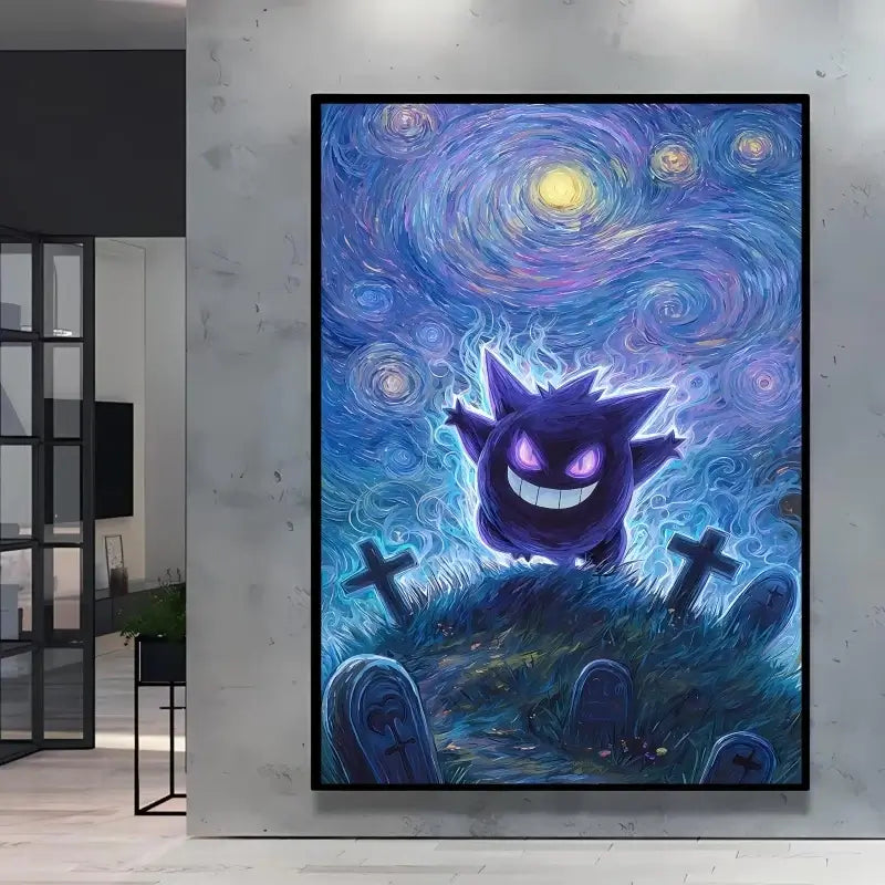 A stunning Van Gogh Pokemon Wall Art piece featuring Pikachu painted in a Starry Night impressionist style for unique home decoration.