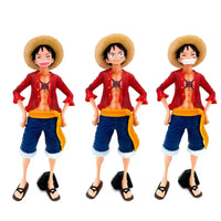 A 28cm One Piece Luffy Figure made of PVC, featuring three interchangeable face plates showing confident and smiley expressions for custom display.