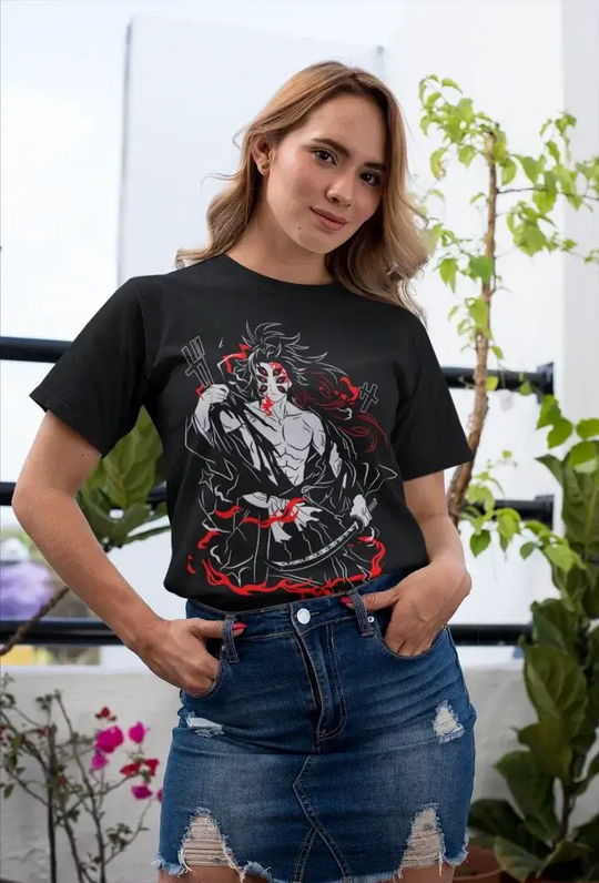 A cozy Hotaru Haganezuka T-shirt featuring a black and white manga comic print of the Demon Slayer swordsmith, styled as women's Harajuku fashion.