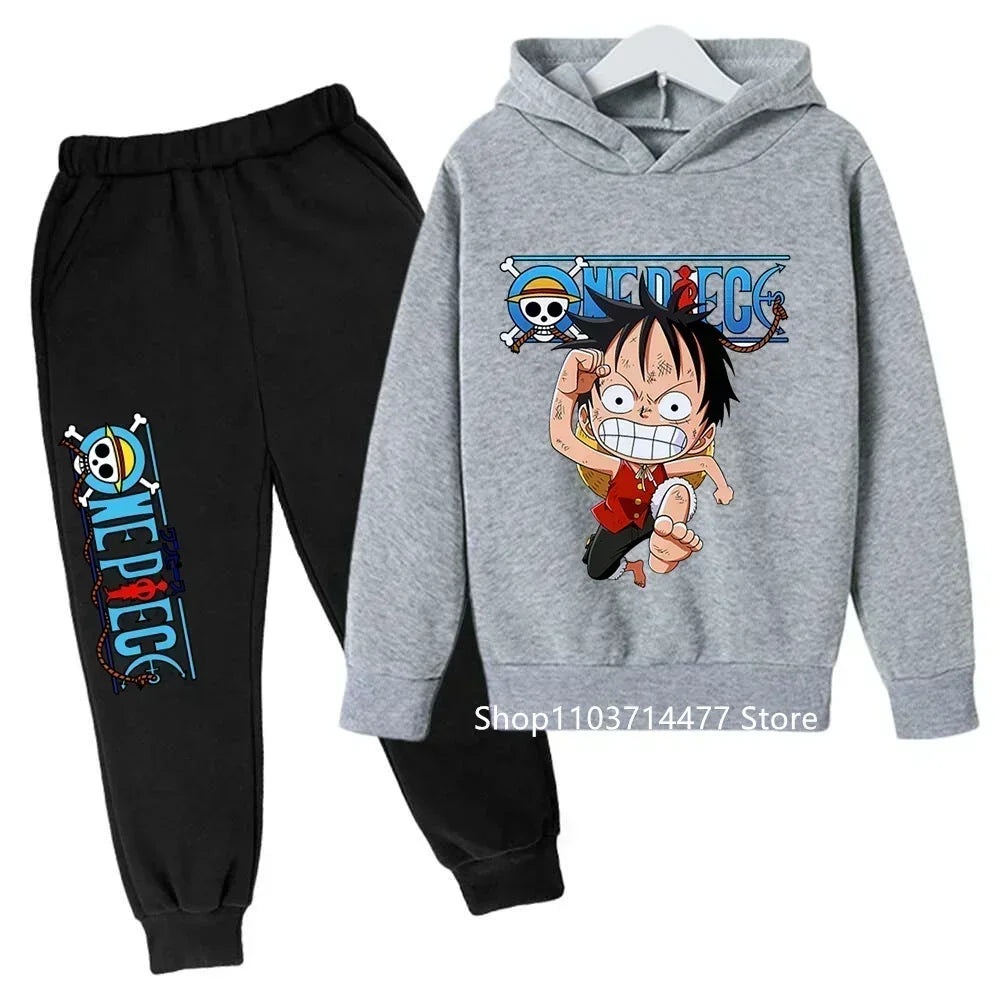 A comfortable One Piece Hoodie Set for kids featuring Monkey D. Luffy anime graphics, including a hoodie and pants 2-piece sports suit.