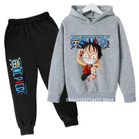 A comfortable One Piece Hoodie Set for kids featuring Monkey D. Luffy anime graphics, including a hoodie and pants 2-piece sports suit.