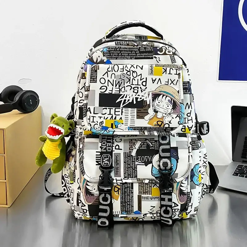 A high-capacity One Piece Luffy Backpack featuring a vibrant graffiti print of Monkey D. Luffy, designed as a durable school bag for middle and high students.