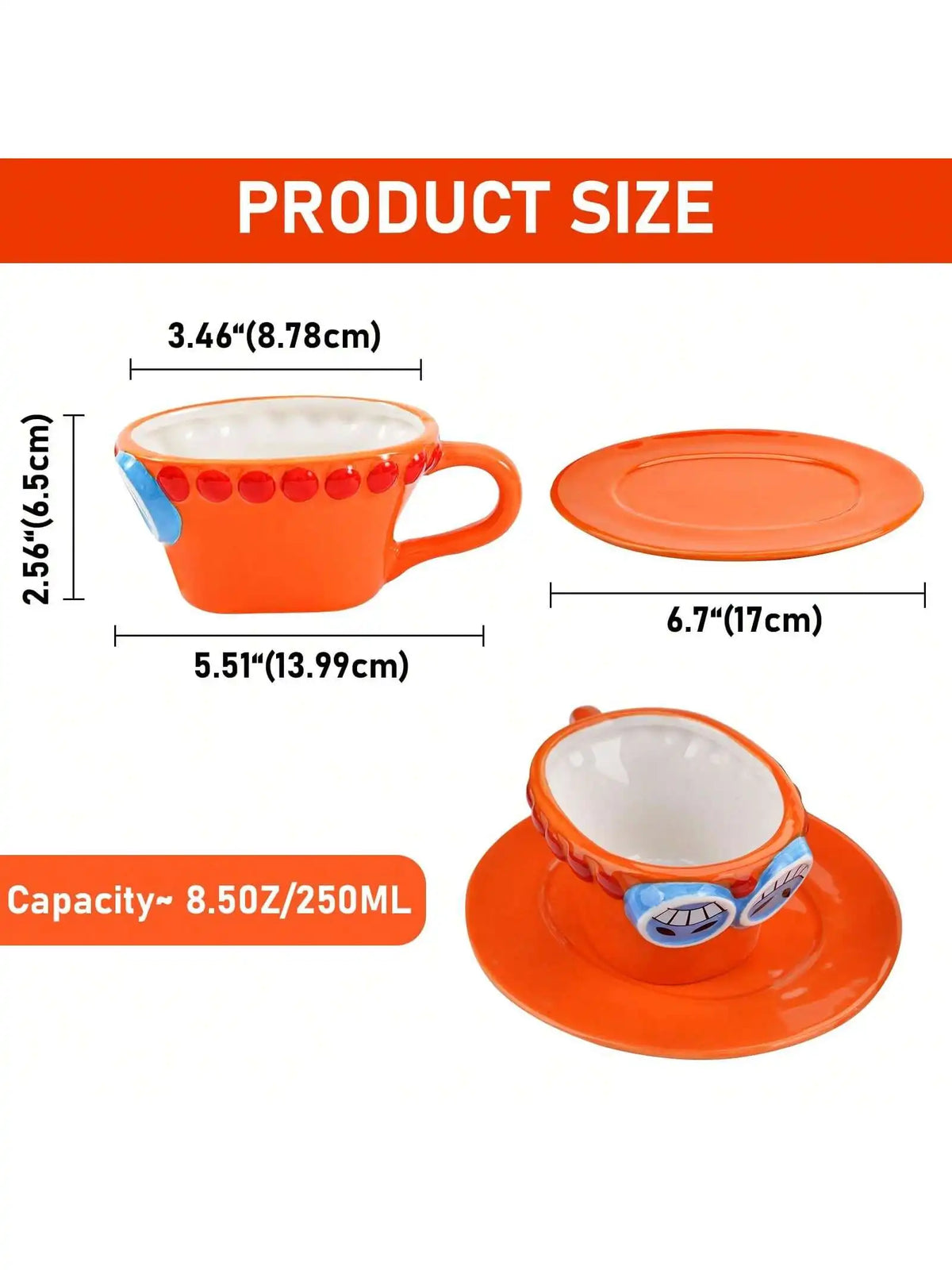 Luffy Ace Sabo Chopper Mug One Piece Ceramic size chart with dimensions and capacity displayed in an informative layout.