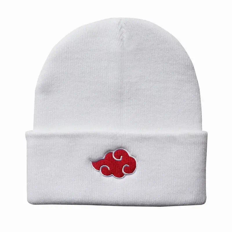 A black knitted Akatsuki Beanie featuring the red cloud embroidery symbol, designed as a warm unisex winter hat for men and women.