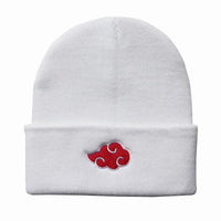 A black knitted Akatsuki Beanie featuring the red cloud embroidery symbol, designed as a warm unisex winter hat for men and women.