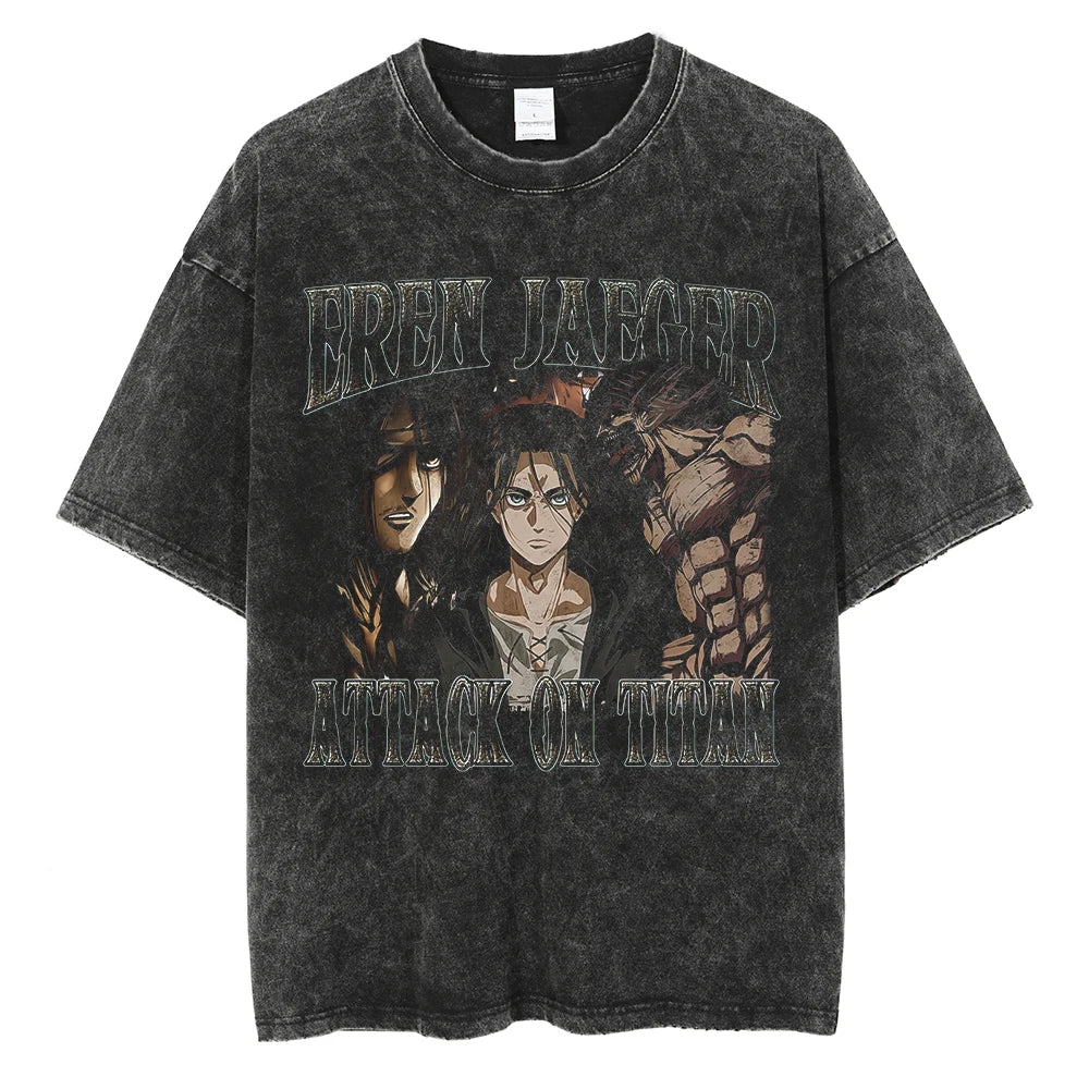 A vintage-washed Eren Jaeger T-Shirt featuring a gritty Attack on Titan manga graphic, styled as oversized Harajuku streetwear for men and women.