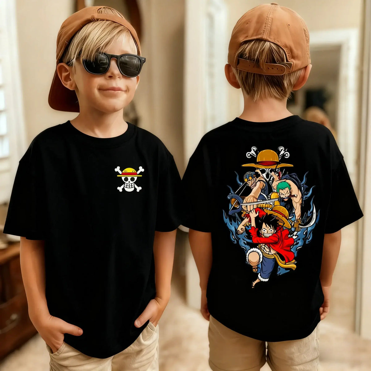 One Piece Luffy Kids T-Shirt Pure Cotton Boys Top front view flat lay white background anime character print