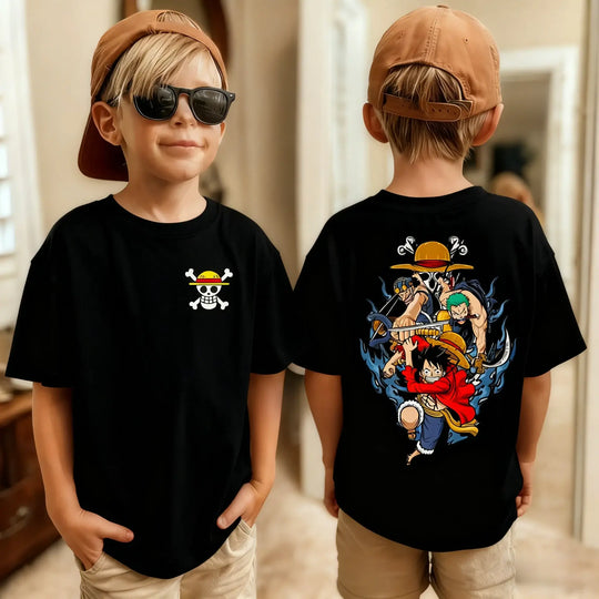 One Piece Luffy Kids T-Shirt Pure Cotton Boys Top front view flat lay white background anime character print