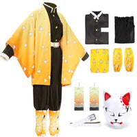 A complete Zenitsu Cosplay Costume featuring the yellow triangle-patterned haori, black uniform, and blonde wig for Halloween.