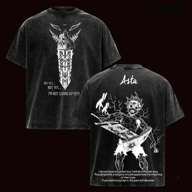 Asta Black Clover T-Shirt featuring a vintage washed oversized design with graphic prints on both front and back.