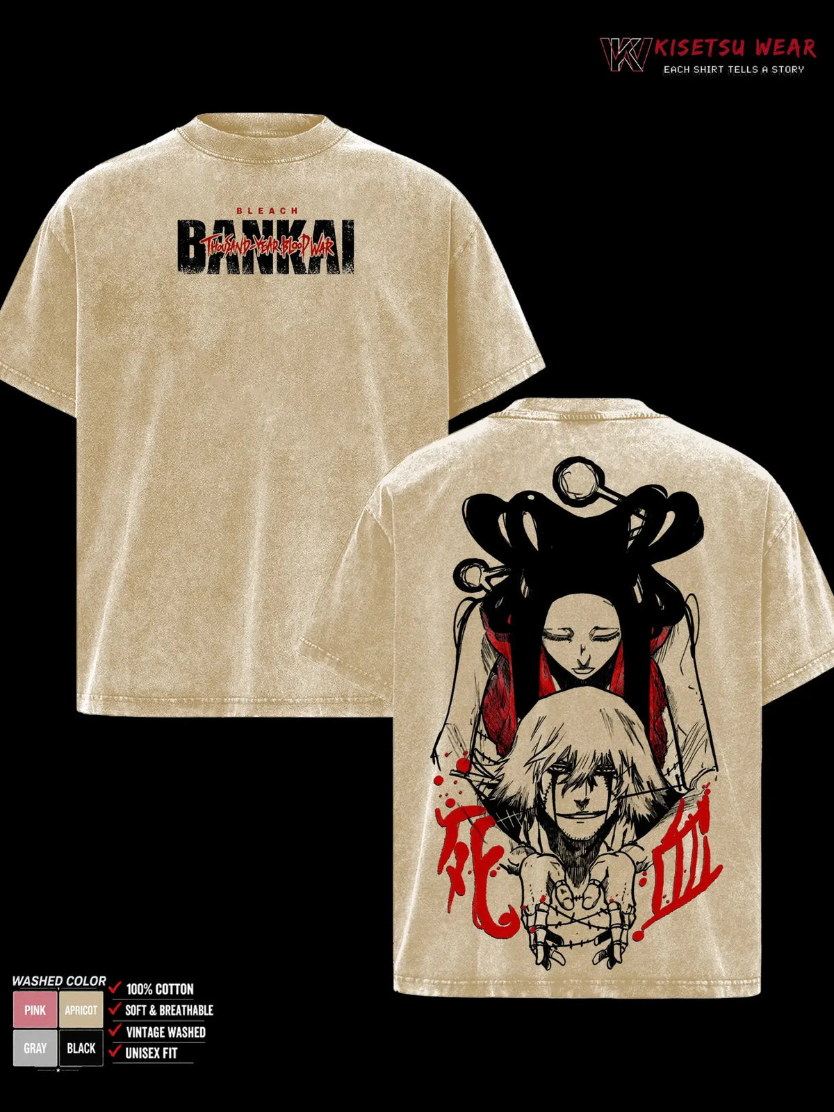 Kisuke Urahara Bleach Washed T-Shirt featuring vintage design and soft cotton, available in various sizes.