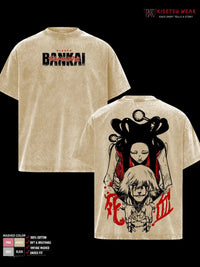 Kisuke Urahara Bleach Washed T-Shirt featuring vintage design and soft cotton, available in various sizes.