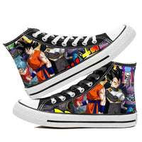 Trendy Dragon Ball High Top Canvas Shoes featuring Goku and Vegeta animation art, breathable flat sneakers for students and fans.