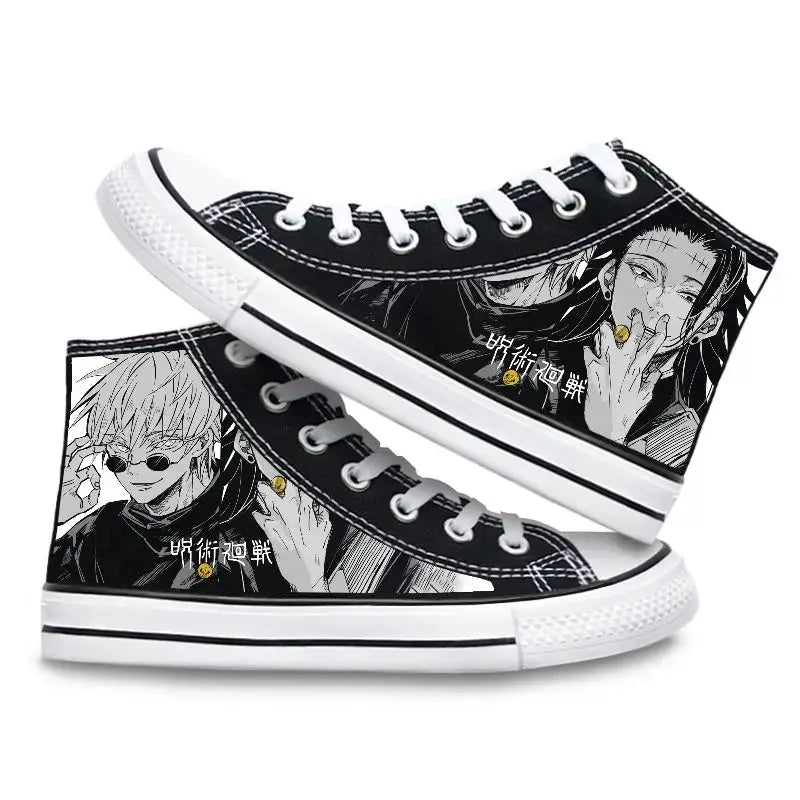 Pair of Jujutsu Kaisen Canvas Shoes featuring Gojo Satoru and Fushiguro Megumi creative cartoon patterns, designed as fashion high-top sneakers.