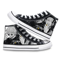 Pair of Jujutsu Kaisen Canvas Shoes featuring Gojo Satoru and Fushiguro Megumi creative cartoon patterns, designed as fashion high-top sneakers.