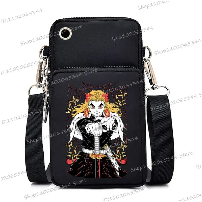 A trendy Demon Slayer Phone Bag featuring anime art of Nezuko Kamado and Mitsuri Kanroji, designed as a Harajuku mini crossbody purse for women and men.