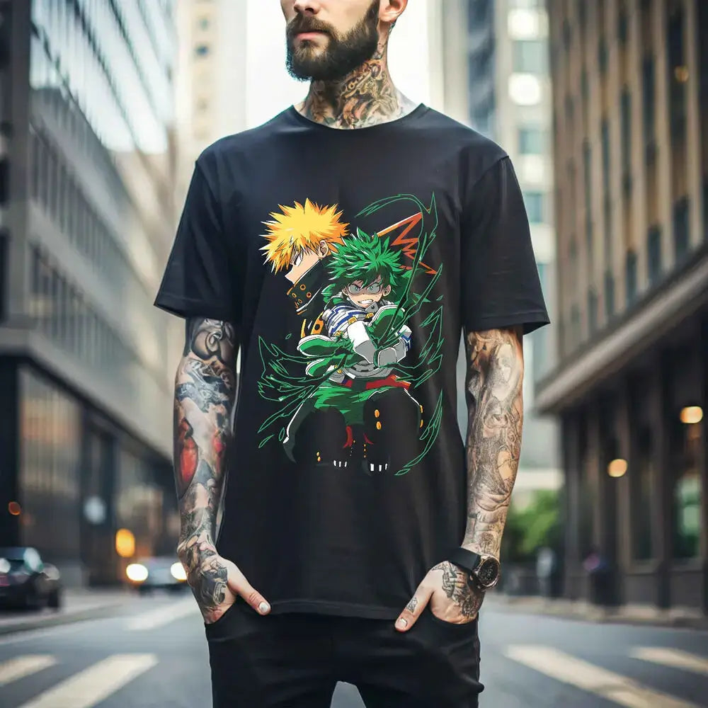 A dynamic Deku T-Shirt featuring graphic art of Izuku Midoriya, Katsuki Bakugo, and All Might from My Hero Academia on a black background.