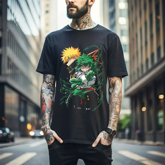 A dynamic Deku T-Shirt featuring graphic art of Izuku Midoriya, Katsuki Bakugo, and All Might from My Hero Academia on a black background.