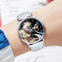 A stylish Demon Slayer Watch featuring two-dimensional anime art of Rengoku Kyoujurou and Tokitou Muichirou, designed as a trendy business wristwatch.