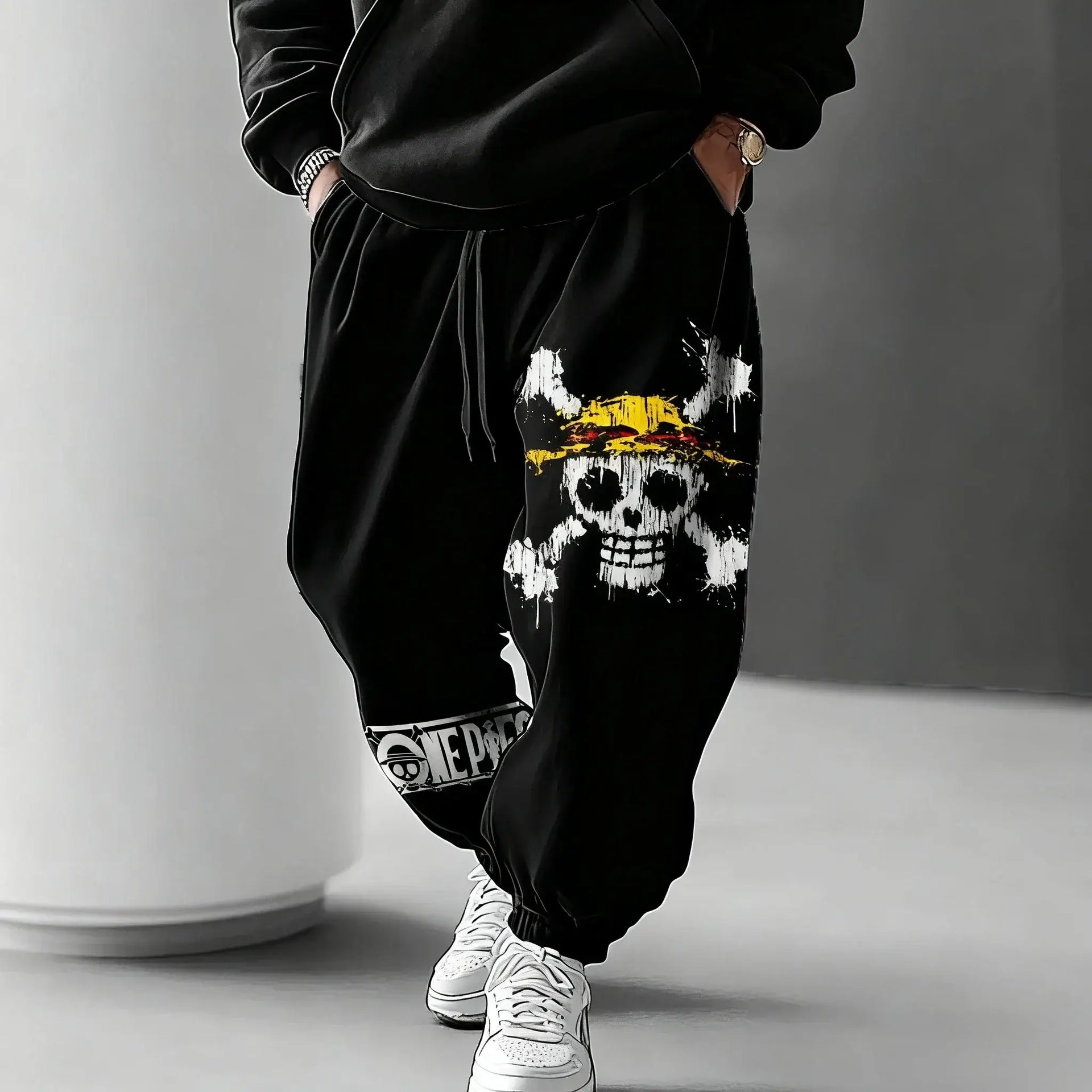 Trendy One Piece Graphic Joggers featuring anime character prints, designed as casual Y2K streetwear sweatpants for men and women.