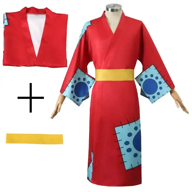 An adult wearing the 5-style Anime Monkey D Luffy Cosplay Costume from the Egghead arc, including the coat and hat.