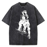 A vintage-style Solo Leveling Vintage T-shirt made of washed black cotton featuring a Sung Jinwoo graphic print, designed as Harajuku streetwear.