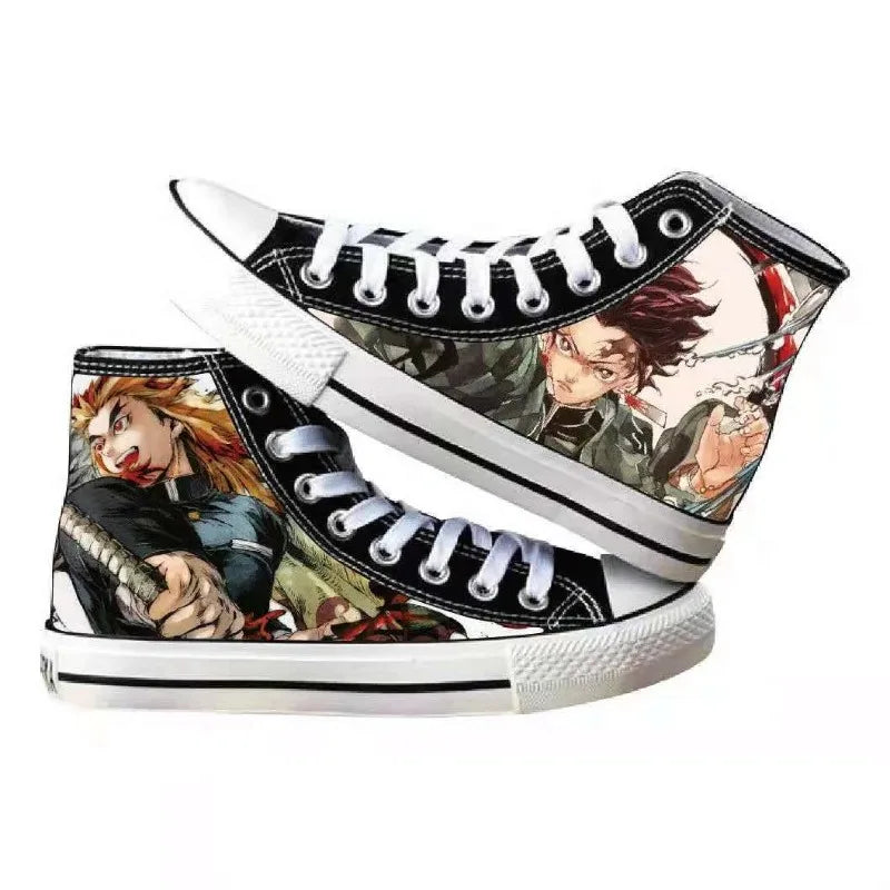 High-top Demon Slayer Canvas Shoes featuring Tanjiro Kamado and Jibaku Shounen Hanako-kun anime prints for casual fashion.