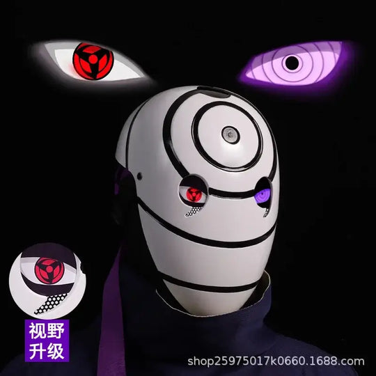 A highly imitative, high-gloss Obito Cosplay Mask featuring the Akatsuki Sharingan design for anime Halloween costumes and conventions.