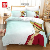 A Bandai One Piece Bedding Set featuring Monkey D. Luffy on a duvet cover and pillowcases, designed for anime bedroom decoration.