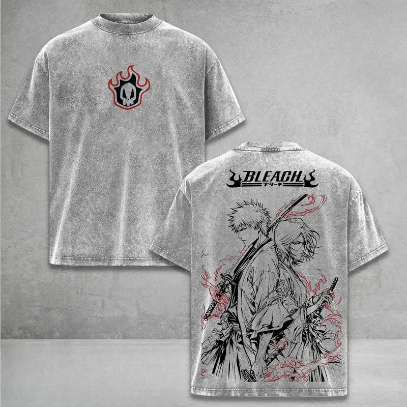 Ichigo Rukia Bleach Washed Oversized T-Shirt Cotton Tee