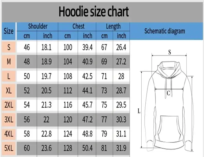 Hoodie size chart for One Piece Halloween Hoodie showing measurements in cm and inches for S to 5XL sizes.