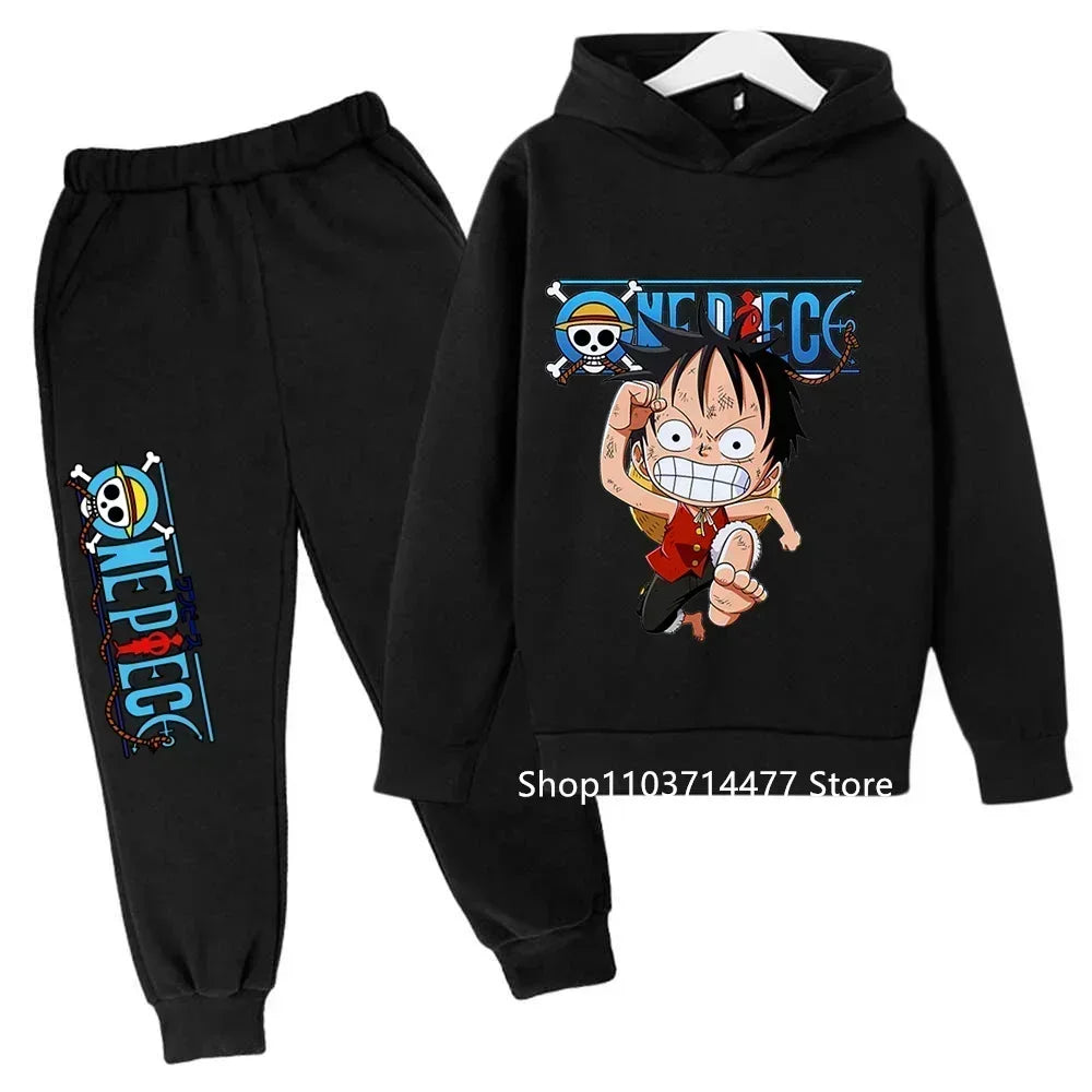 A comfortable One Piece Hoodie Set for kids featuring Monkey D. Luffy anime graphics, including a hoodie and pants 2-piece sports suit.