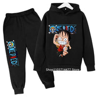 A comfortable One Piece Hoodie Set for kids featuring Monkey D. Luffy anime graphics, including a hoodie and pants 2-piece sports suit.
