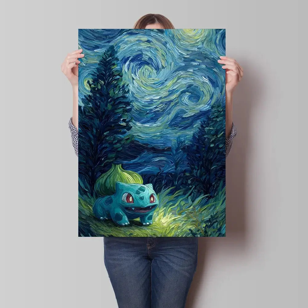A stunning Van Gogh Pokemon Wall Art piece featuring Pikachu painted in a Starry Night impressionist style for unique home decoration.