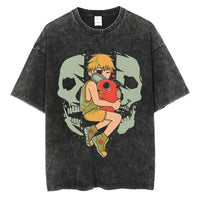 A vintage-washed black Chainsaw Man T-Shirt made of soft cotton, featuring a Denji graphic print, designed as oversized Harajuku streetwear.