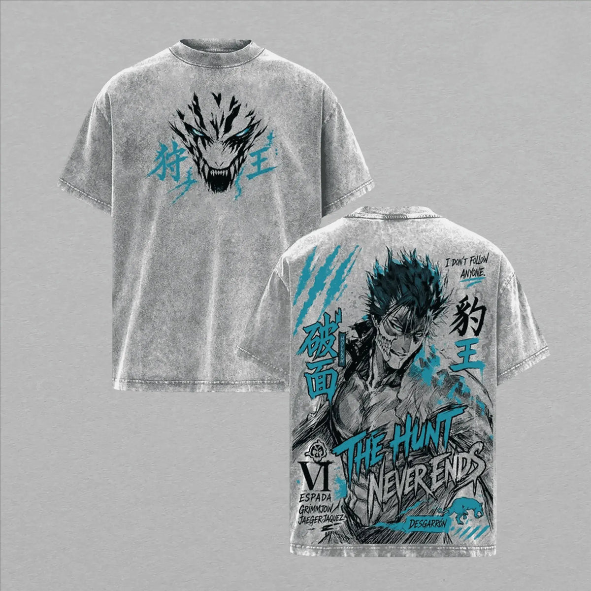 Grimmjow Jaegerjaquez Bleach Vintage Washed T-Shirt featuring bold graphic design and unique style for anime fans.