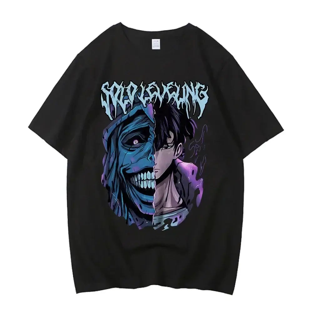 A high-quality Japanese Anime Solo Leveling T Shirt with a Sung Jinwoo cartoon graphic in a Harajuku short sleeve style.